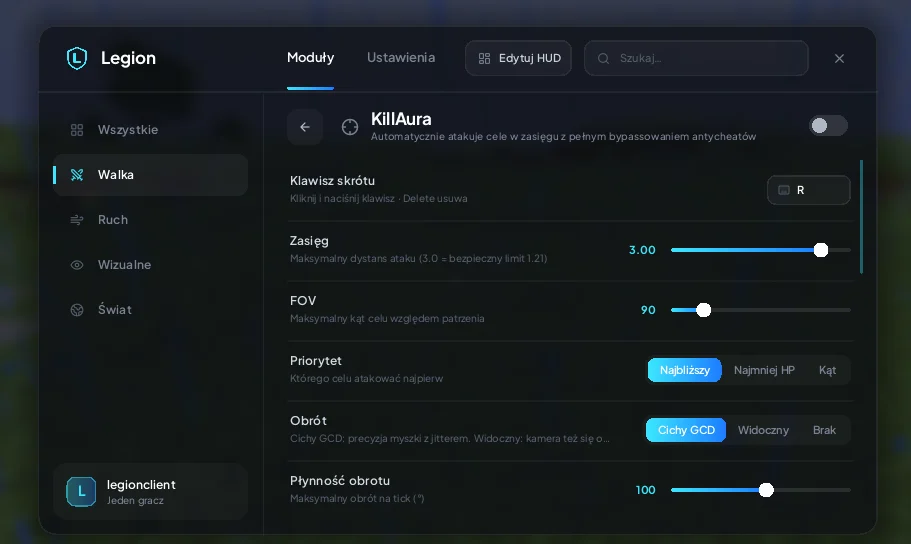 ClickGUI Legion z kategoriami Walka, Ruch, Wizualne i Świat oraz ustawieniami modułu KillAura